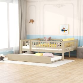 Full Size Wood Daybed with Trundle and Fence Guardrails, Natural