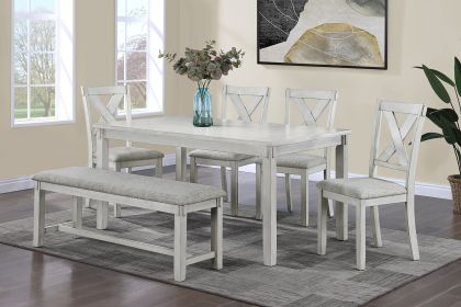 Rustic Farmhouse Transitional 6pc Dining Set Rectangular Table Linen Look Fabric Upholstered Chair Bench Seat Wooden Dining Room Furniture White/