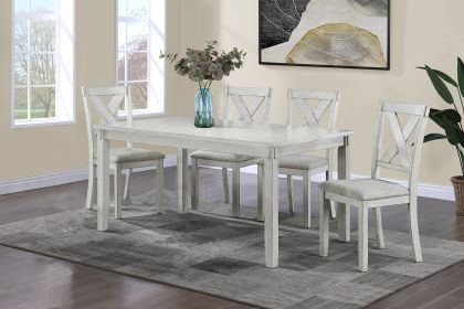 Rustic Farmhouse Transitional 5-Piece Dinette Dining Set Rectangular Table Linen Look Fabric Upholstered Chair Seat Wooden Dining Room Furniture