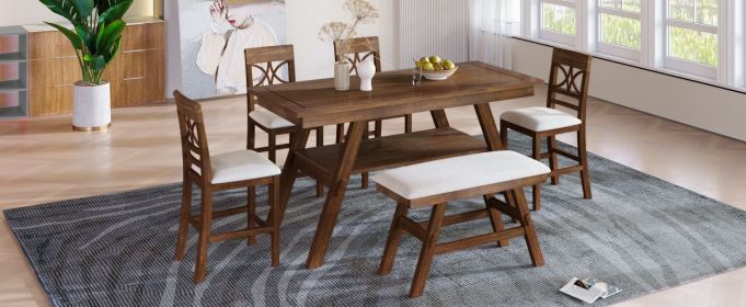 TOPMAX 6-Piece Wood Counter Height Dining Table Set with Storage Shelf, Kitchen Table Set with Bench and 4 Chairs,Rustic Style, Walnut+Beige Cush