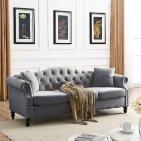 [Video] 79" Chesterfield Sofa Grey Velvet for Living Room, 3 Seater Sofa Tufted Couch with Rolled Arms and Nailhead for Living Room, Bedroom, Office