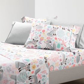 Pink Grey White Teal Floral Fox Birds Soft Polyester 6 Piece Sheet Set (size: full)