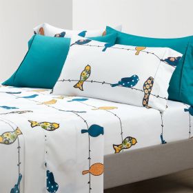 Teal Yellow White Floral Birds on Wire Soft Polyester 6 Piece Sheet Set (size: full)